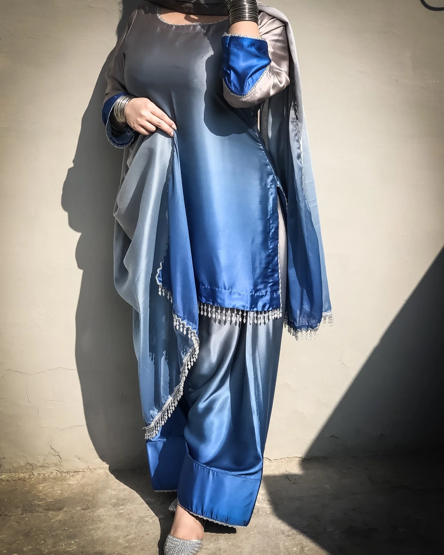 Sea Blue Silk Printed 3pc
